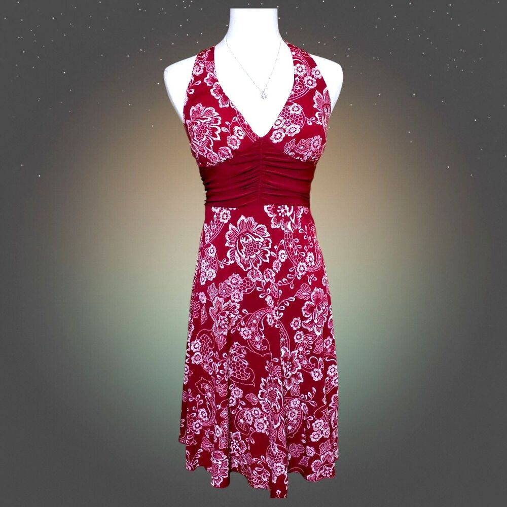 Vintage B Darlin Juniors 5/6 Halter Dress Red White Floral Empire Waist